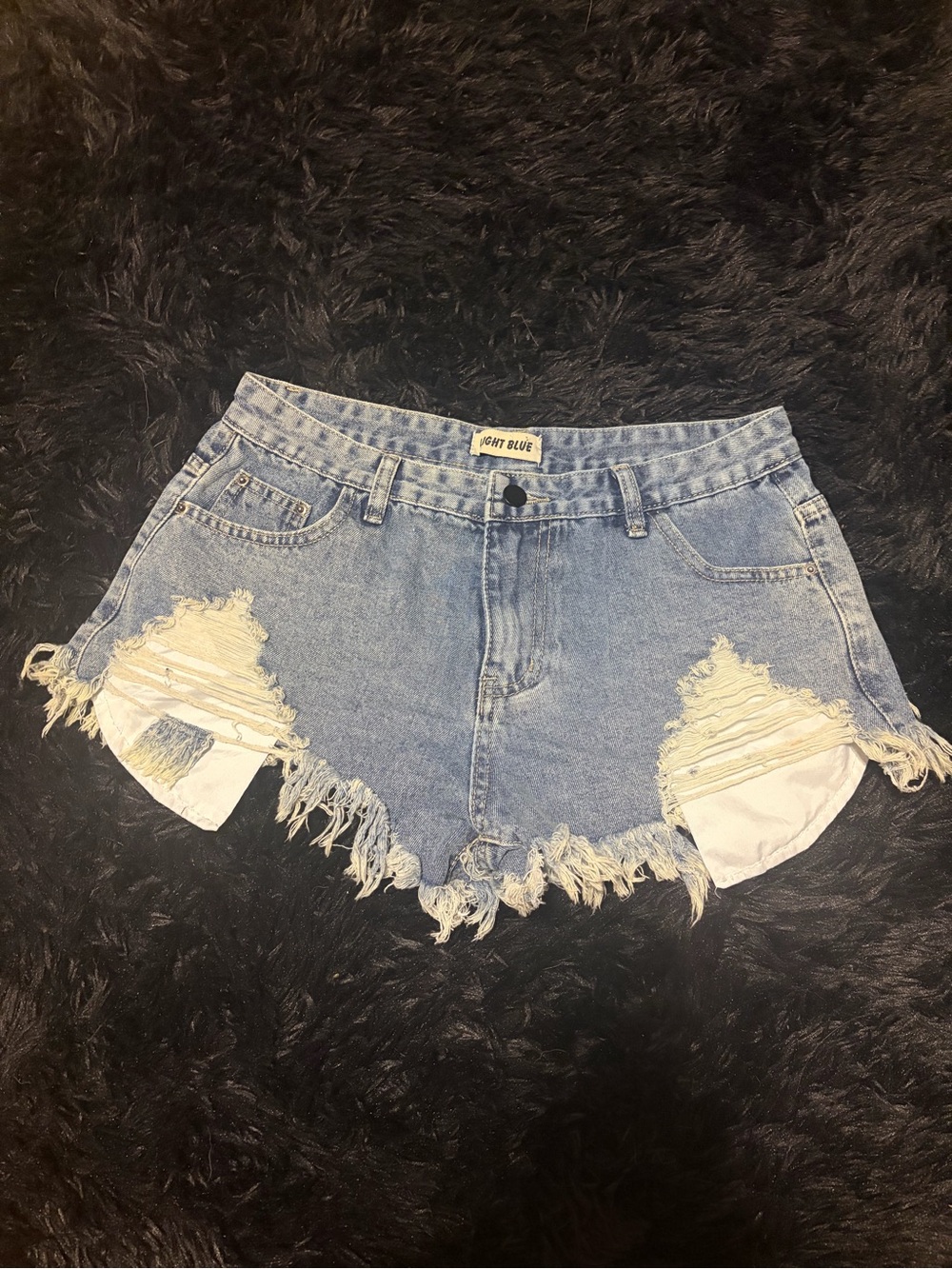 Light Blue Distressed Jean Shorts with Frayed Hem Size XL but fit like a Medium